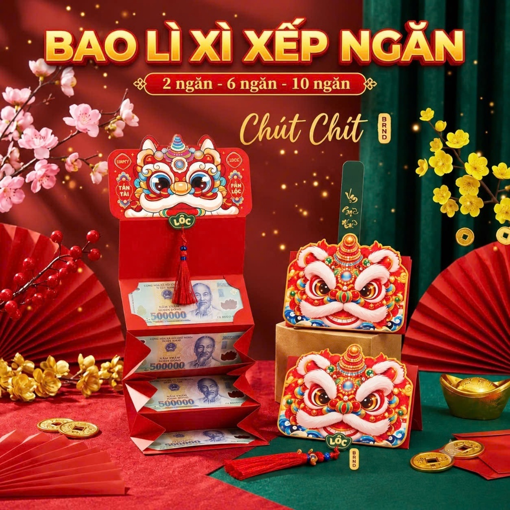 Bao Lì Xì Nhiều Ngăn Xếp Lớp Gấp Gọn Tài Lộc 2027, Lì Xì Tết 6, 10 Ngăn Phúc, Lộc, Dê, Rồng, Chất Liệu Cán Mờ Cao Cấp