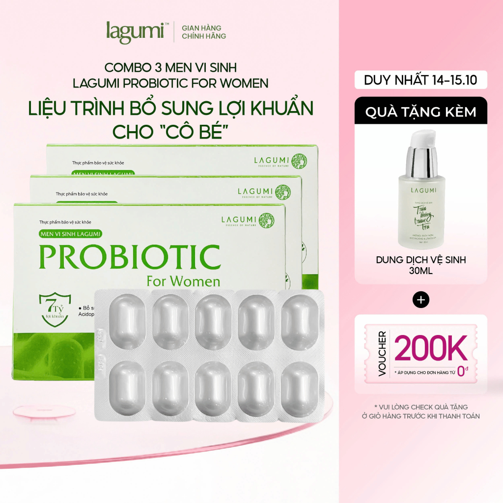 Dùng 1 tháng - Combo 3 Hộp Men Vi Sinh Phụ Nữ LAGUMI Giúp Giảm Viêm Nhiễm, Khí…