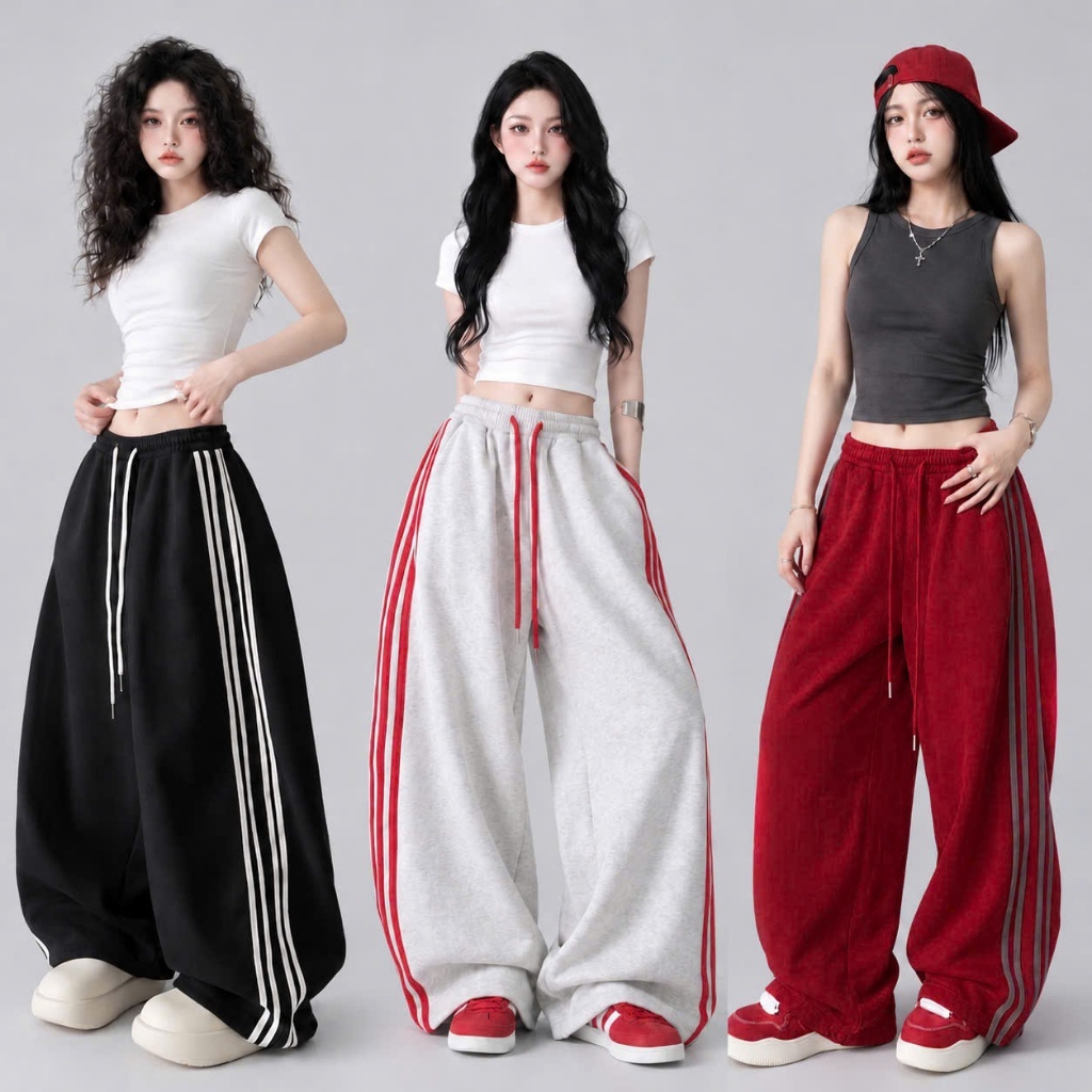 Quần Nỉ Ống Rộng Phối Viền Kẻ Nam Nữ - Quần Jogger Nỉ Dáng Suông Quần Thể Thao…