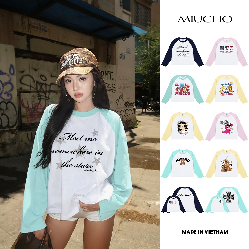 Áo thun boxy tay dài raglan BST hoạt hình phối chữ Hàn Quốc Miucho