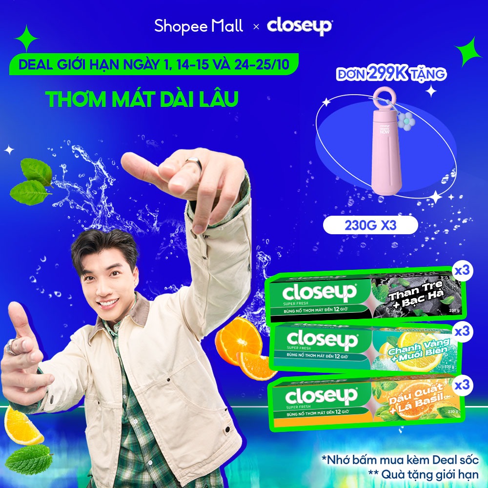 Combo 3 Kem Đánh Răng Closeup Trắng Răng Thơm Mát thành phần Thiên Nhiên 230G