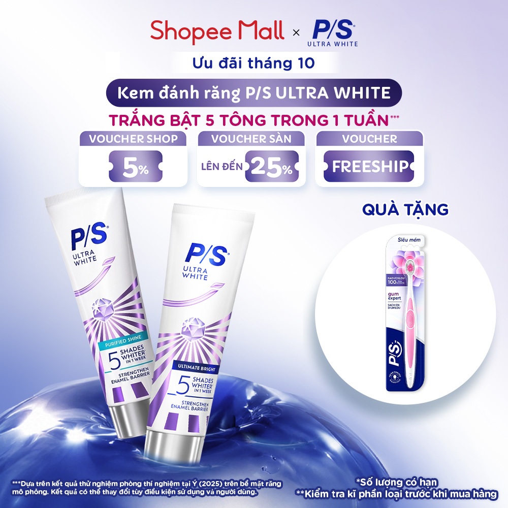 Combo 2 Kem đánh răng P/S Ultra White Trắng Bật 5 Tông 100g Tặng Bàn Chải P/S Chăm Sóc Nướu