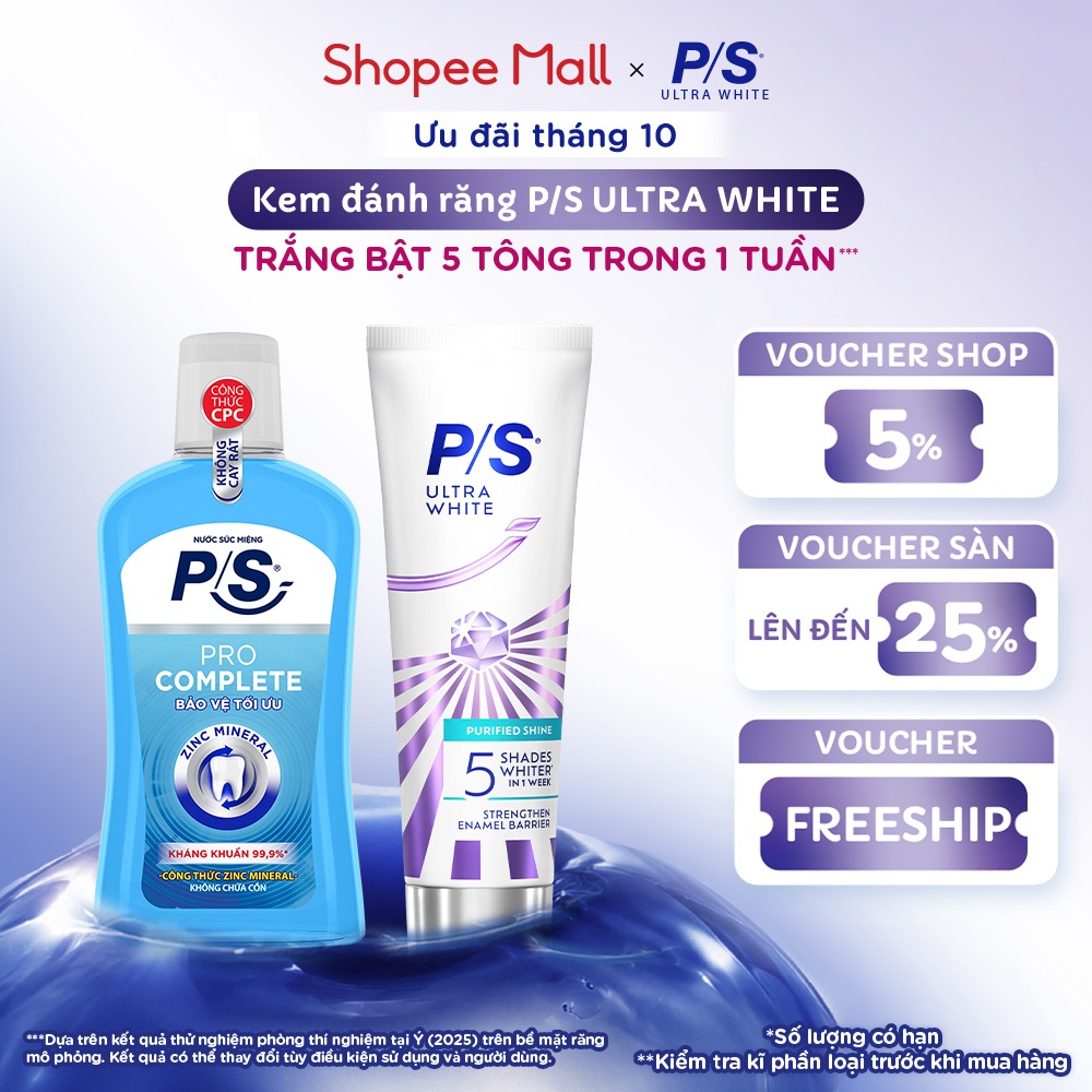 Kem đánh răng P/S Ultra White Trắng Bật 5 Tông 100g + Nước Súc Miệng P/S Kháng…