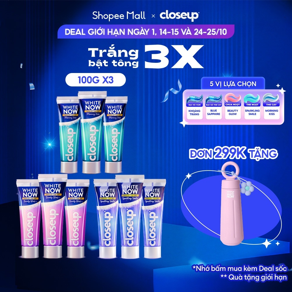 Combo 3 Kem đánh răng Closeup White Now - Trắng Bật Tông 3X TỨC THÌ với Công nghệ Ánh Sáng Xanh 100g