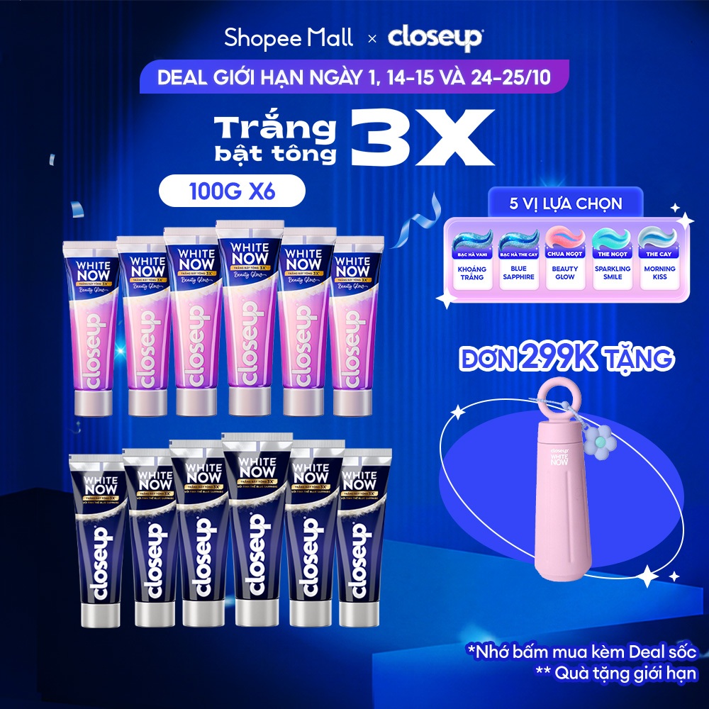 Bộ 6 Kem Đánh Răng Closeup trắng răng White Now Trắng Bật Tông 3x TỨC THÌ 100g
