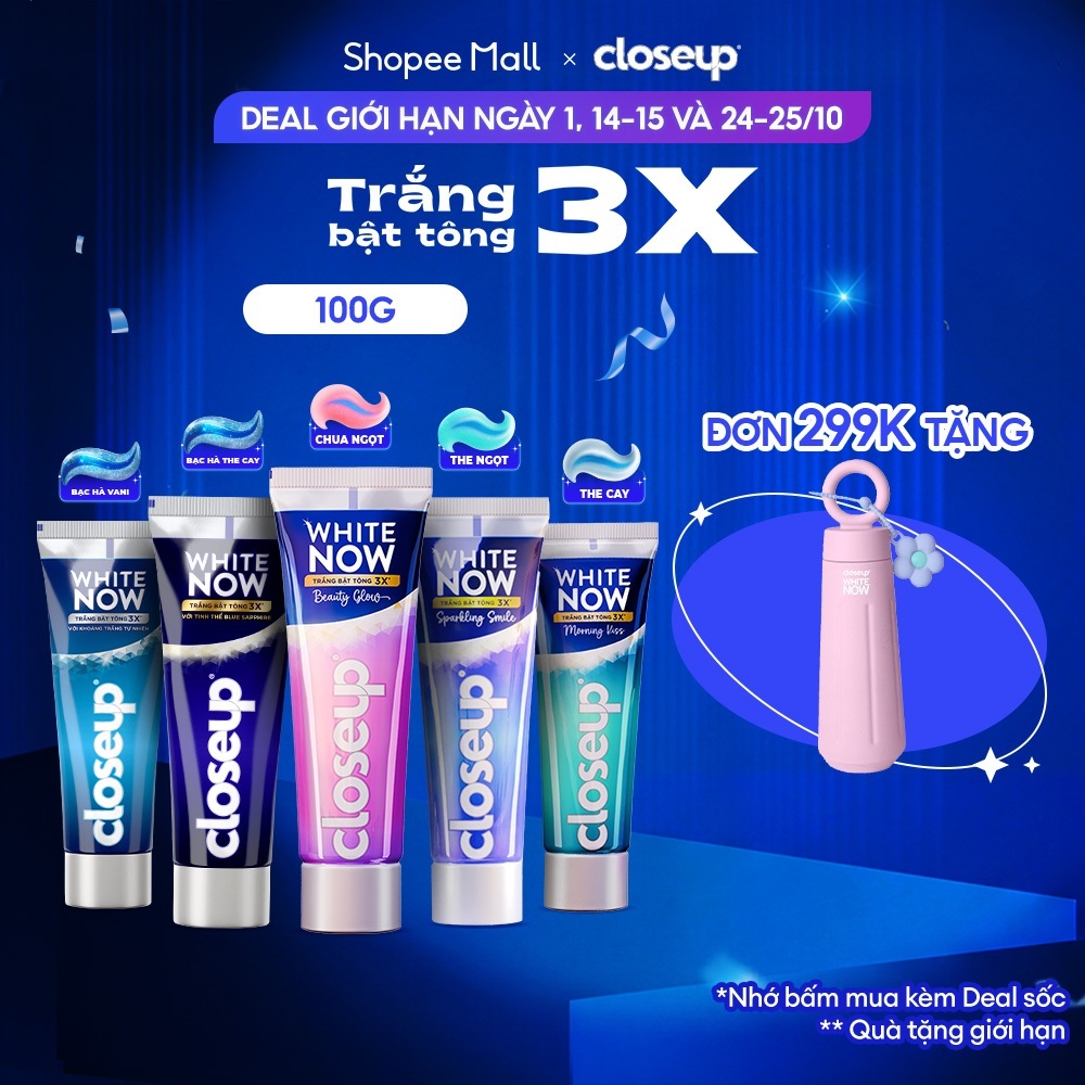 Kem đánh răng Closeup White Now - Trắng Bật Tông 3X TỨC THÌ với Công nghệ Ánh Sáng Xanh 100g