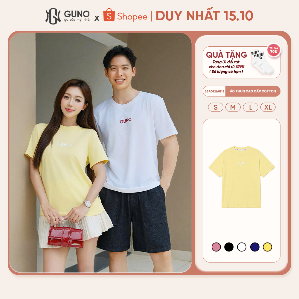 Áo Thun Nam Nữ GUNO Cao Cấp Cotton Co Giãn Mềm Mát Thoáng Khí Cổ Tròn Basic Logo Dập Nổi 26AG12/AB13