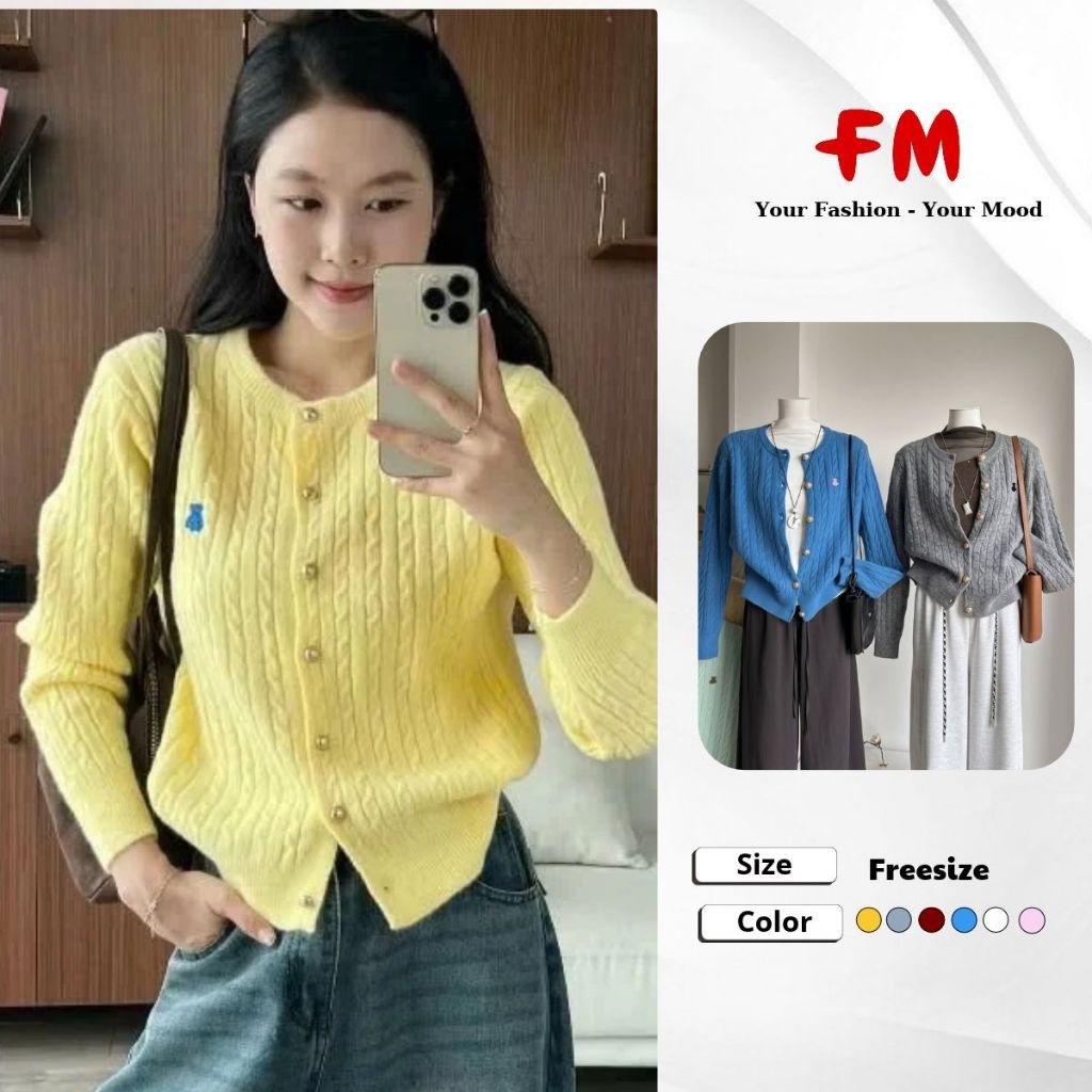FMSTYLE Áo Len Nữ Cổ Thường vặn thừng thêu gấu 7 nút Nhiều Màu Siêu Xinh 26100651