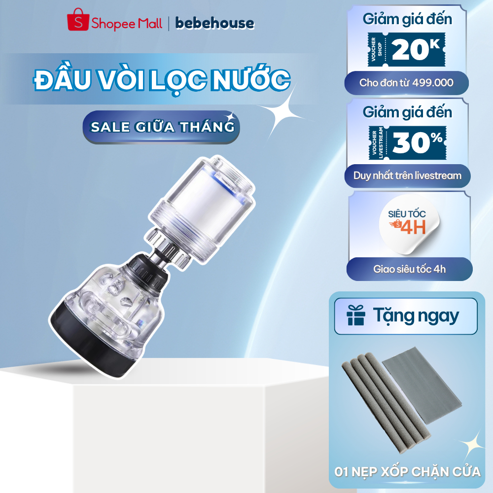 Bộ Lọc Nước, Đầu Vòi Lọc Nước Kèm Tăng Áp Trong Suốt Tặng Đầu Nối HT032 BEBEHOUSE
