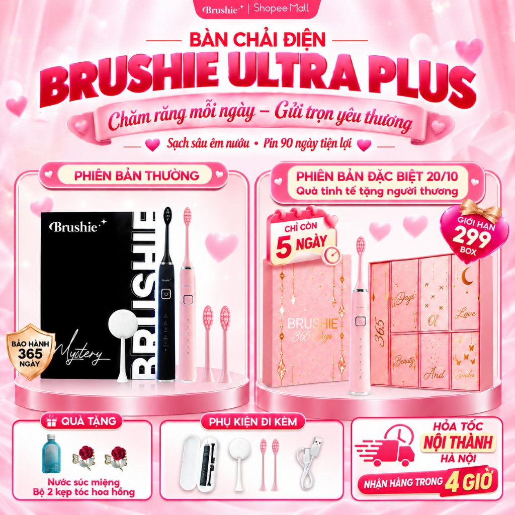 Bàn Chải Điện Brushie Ultra Lông Mềm 2in1 Rửa Mặt, Quà Tặng Cho Nữ 20/10 quà…