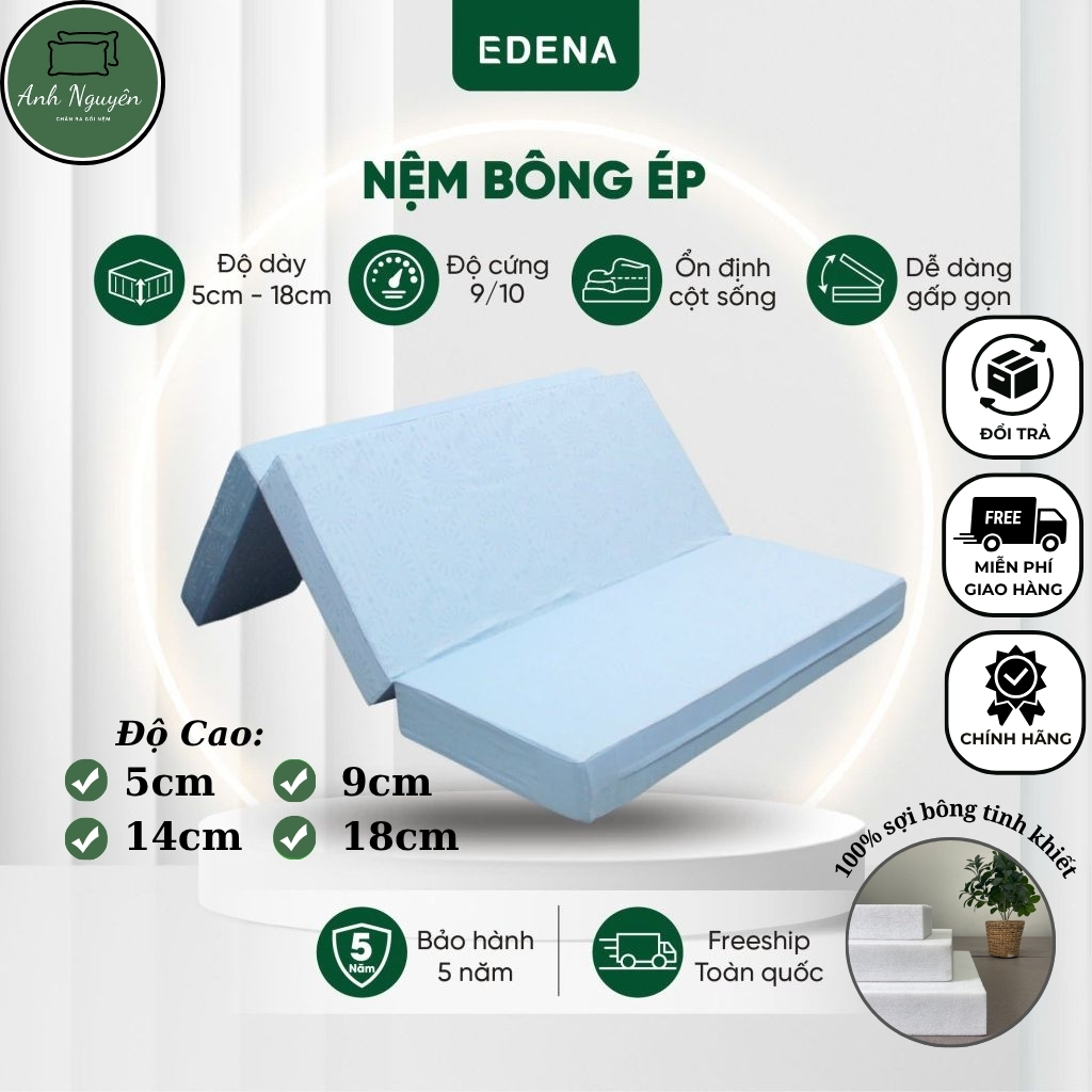 Nệm Bông Ép, Nệm Gấp 3 EDENA - Hàng Chính Hãng, Cao Cấp - Nhiều Kích Thước