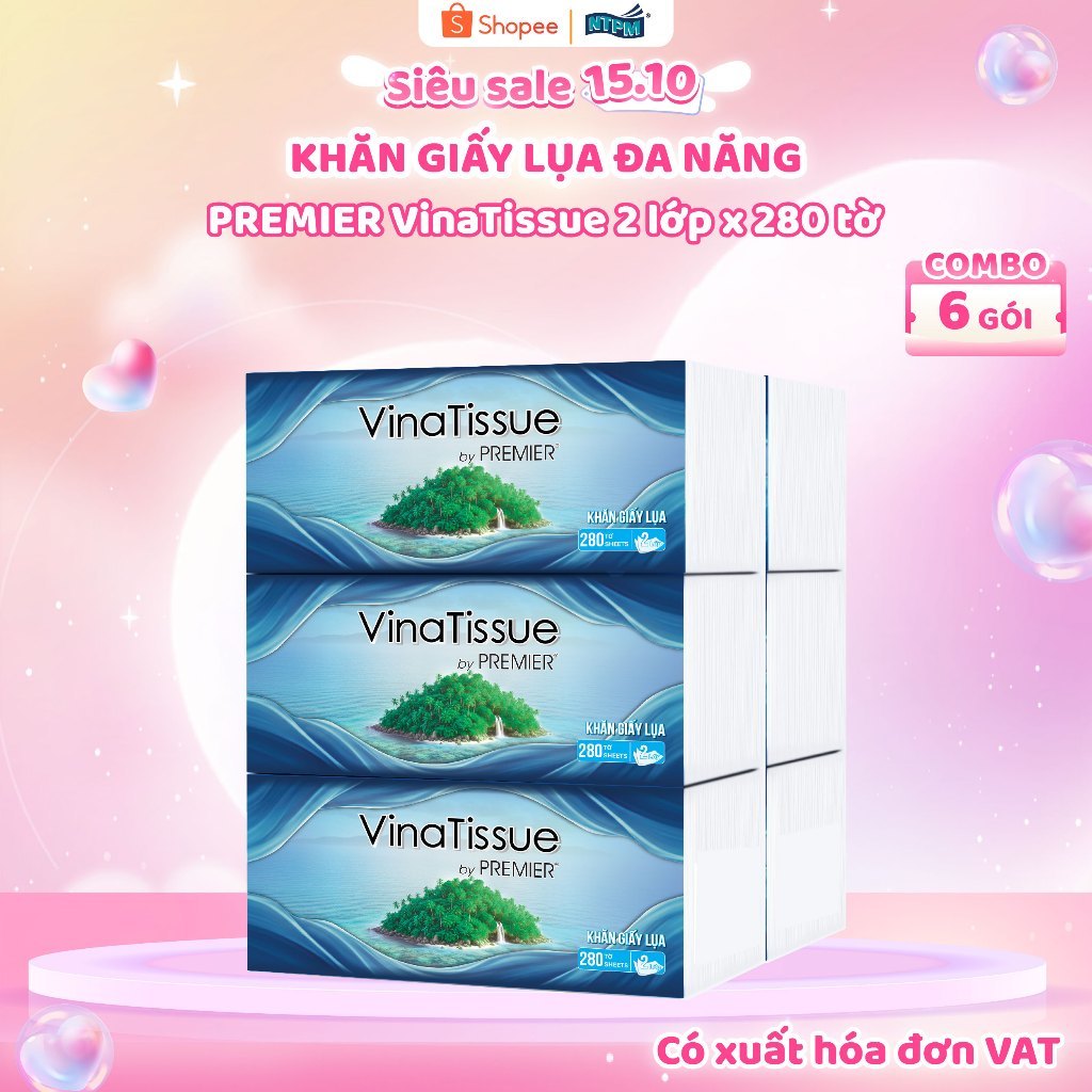 Khăn giấy lụa đa năng PREMIER VinaTissue, 2 lớp – 100% bột giấy nguyên sinh, không chất tẩy, 280 tờ/gói