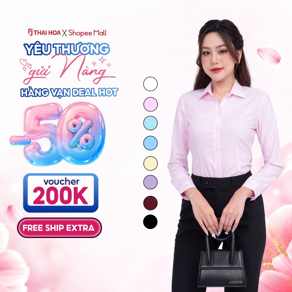 Áo sơ mi nữ R01 dài tay không nẹp form ôm chiết ly vải cotton trơn các màu Thái Hòa