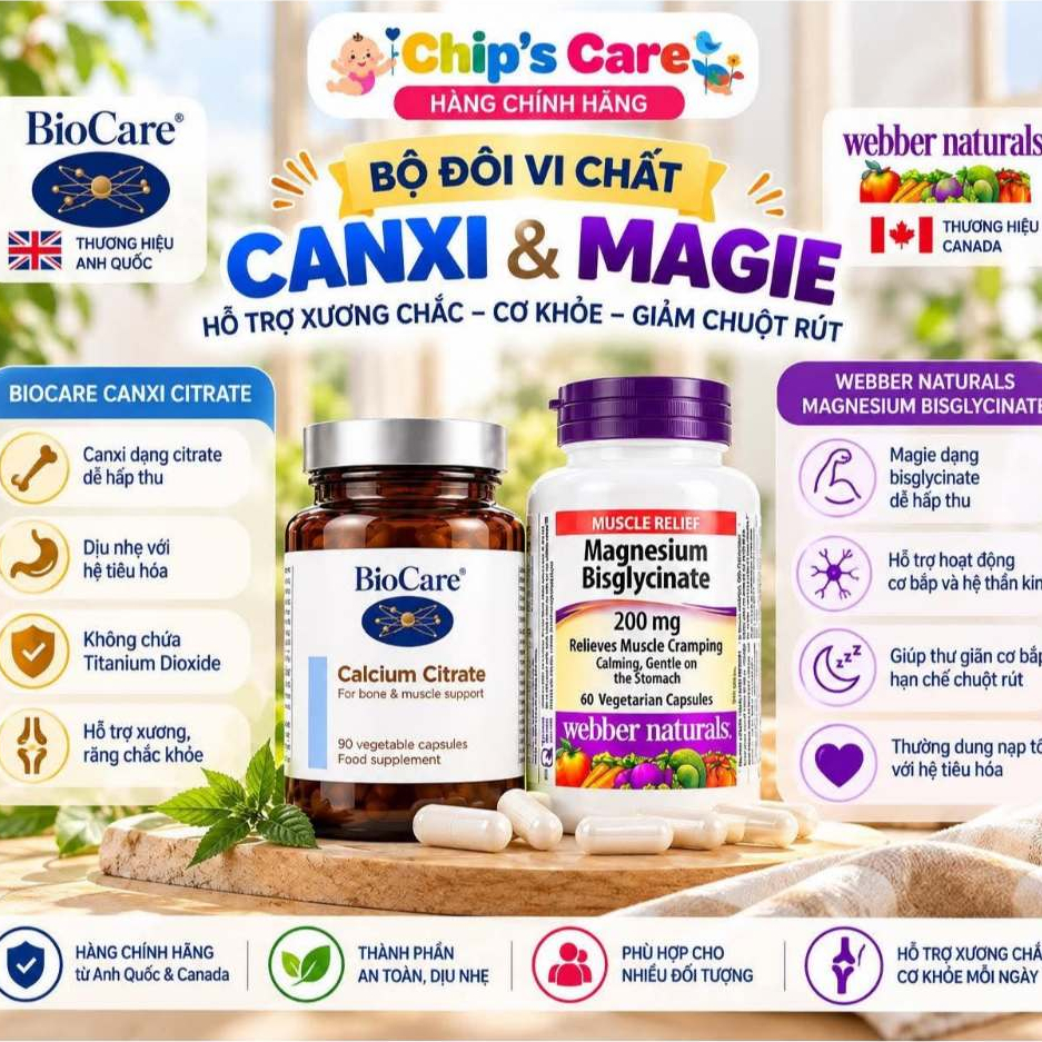 Combo vi chất (Magie Webber 60 viên + Canxi Biocare Citrate )