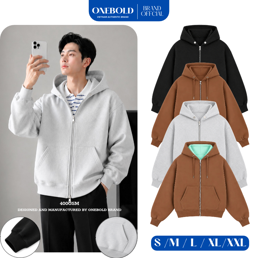 Áo Khoác HOODIE ZIP ONEBOLD "KHOÁ 2 ĐẦU YKK NÓN TO NỈ CHÂN CUA" 400GSM, Áo Nỉ…
