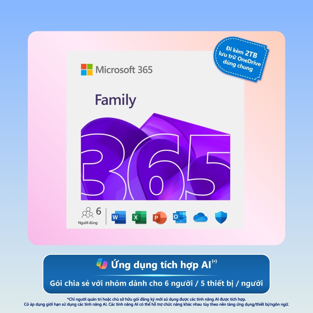 Phần mềm Microsoft 365 𝐅𝐀𝐌𝐈𝐋𝐘 12 tháng Dùng 6 người 5 thiết bị / người 2TB…