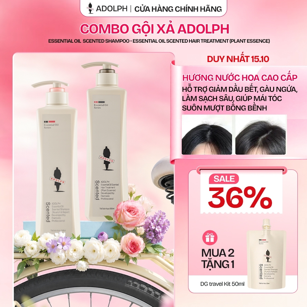 Combo gội xả ADOLPH Essential Oil Scented Shampoo, hỗ trợ giảm gàu, dưỡng ẩm, phục hồi, tóc suôn mượt 248ml