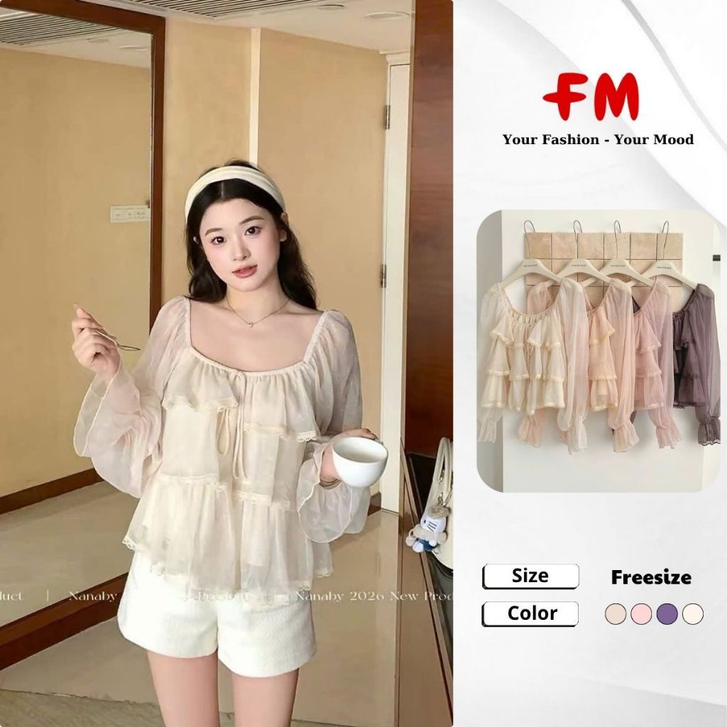 FMSTYLE Áo Kiểu Nữ Tay Dài voan bèo ren 3 tầng Freesize nhiều màu siêu xinh 26100974