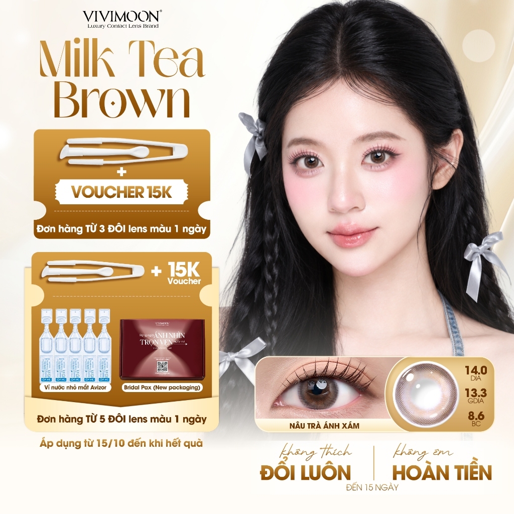Lens VIVIMOON, Lens cận 1 ngày 14.0 giãn tròng nhẹ màu nâu MILK TEA BROWN, Kính áp tròng có độ cận từ 0-8 (Giá 1 chiếc)