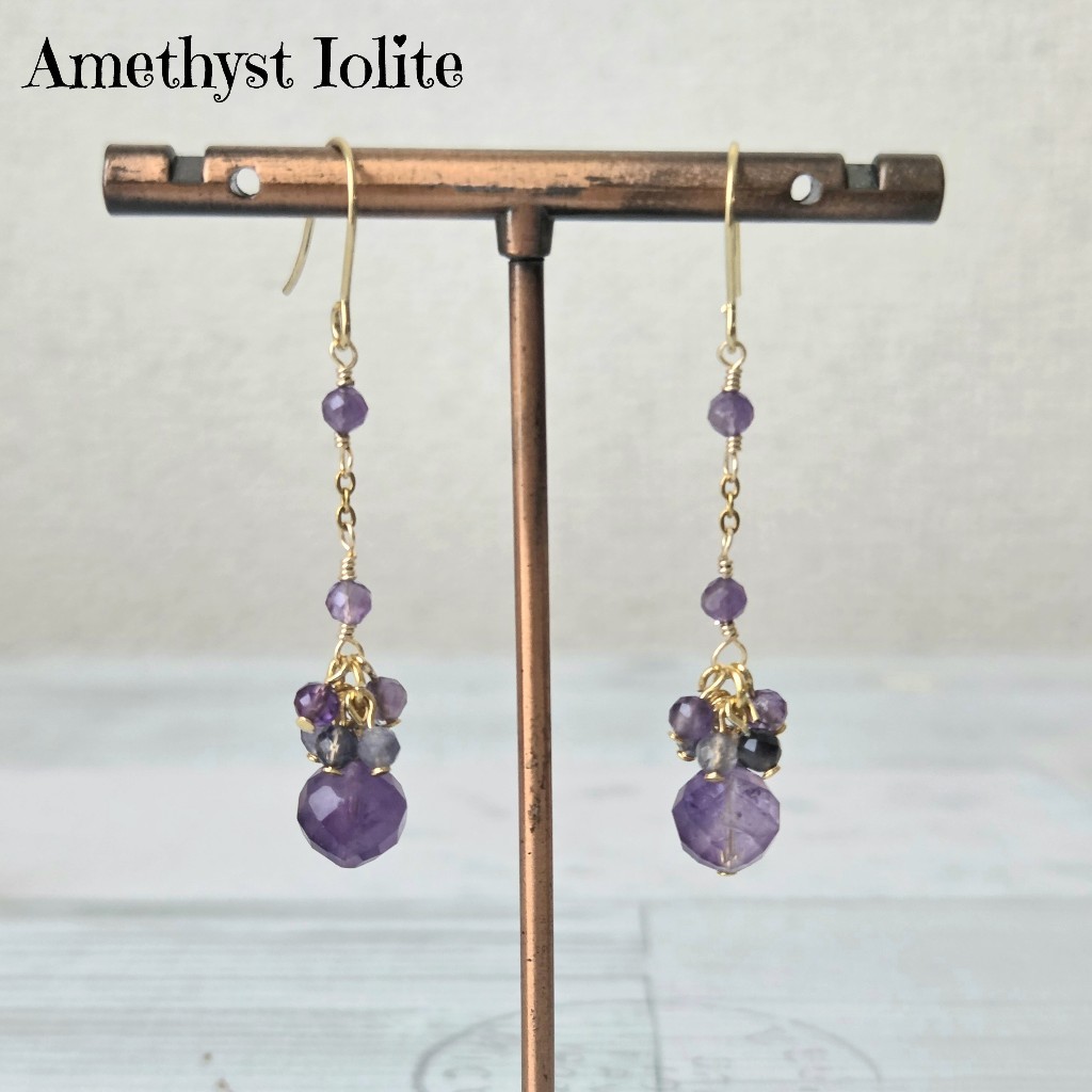 Gemstone Earrings - Amethyst ＆ Iolite - Handmade in Japan - Direct from Japan