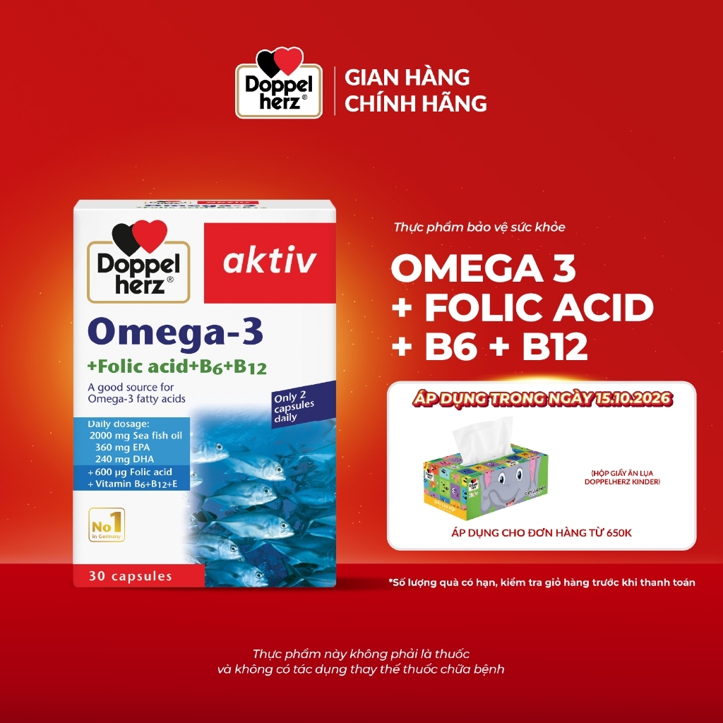 Viên dầu cá Doppelherz Omega 3 + Folic acid + B6 + B12 hỗ trợ tăng cường thị…