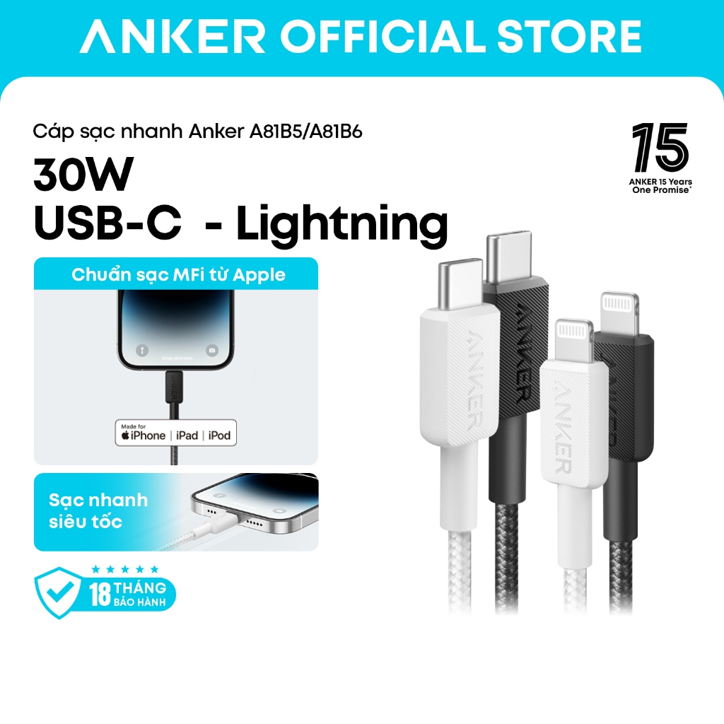 Cáp sạc nhanh Anker A81B5/A81B6 USB-C sang Lightning, hỗ trợ iPhone 14/13/X