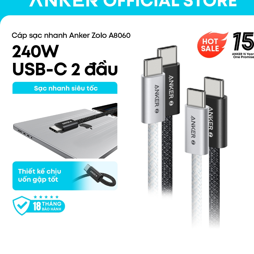 Cáp sạc nhanh Anker Zolo A8060 USB-C sang USB-C, sạc công suất cao tới 240W…