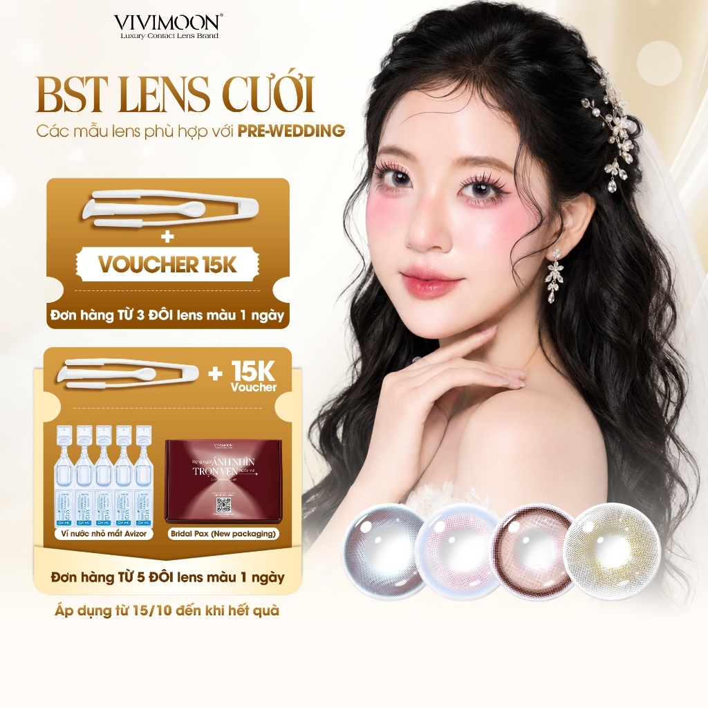 VIVIMOON Lens, Lens cận 1 ngày cho dịp Cưới, Peony Pink/ Lilac/ Kitten Eyes Brown/ Jupiter Gray (Giá 1 Chiếc)