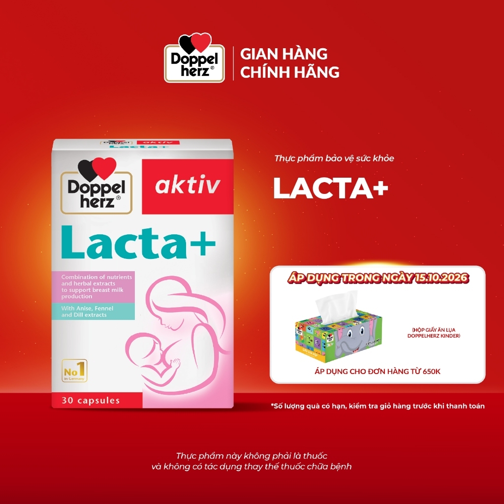Viên uống lợi sữa Doppelherz Aktiv Lacta+ hỗ trợ cải thiện nguồn sữa mẹ sau sinh (Hộp 30 viên)