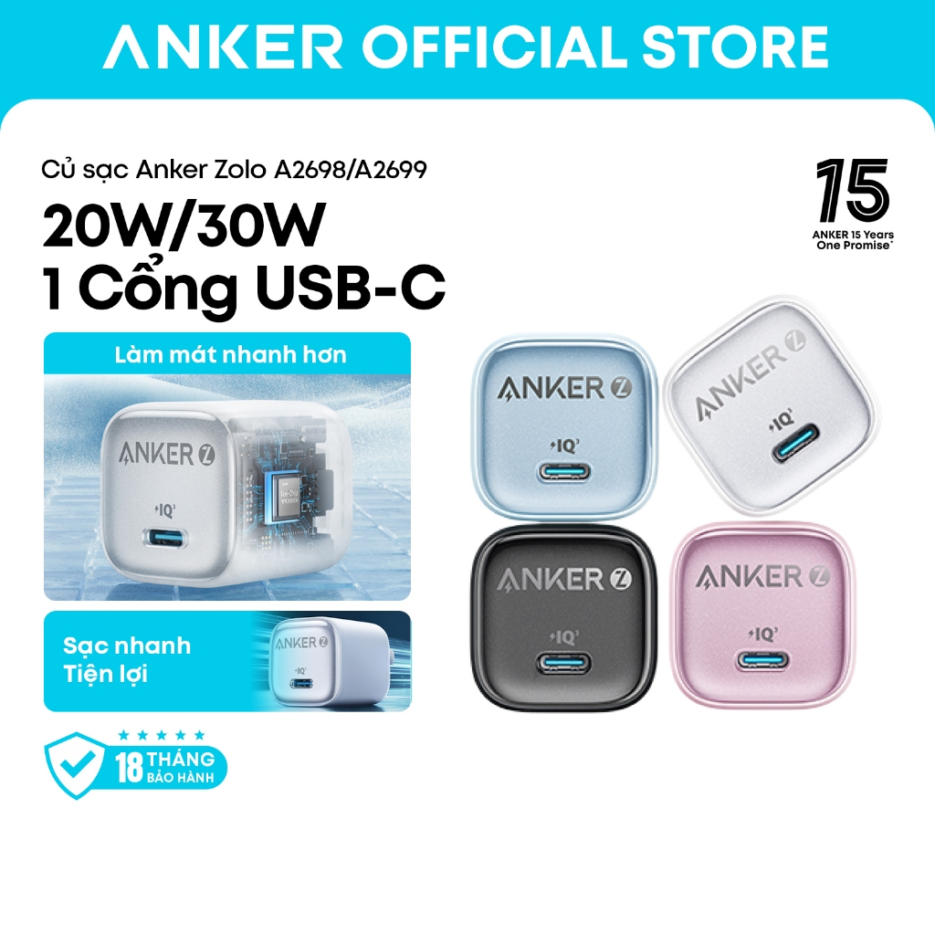 Anker zolo Củ sạc 20W/30W GaN usb-C PIQ 3.0 sạc nhanh điều khiển nhiệt độ kích thước nhỏ A2698/A2699