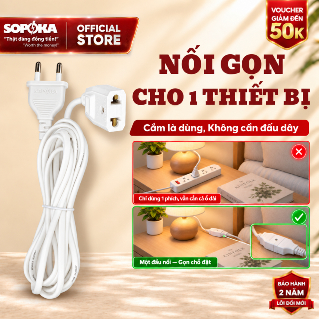 Phích Âm Liền Dây SOPOKA N8, Dùng Cho Camera, Quạt, Đèn - Đi Dây Gọn Gàng…