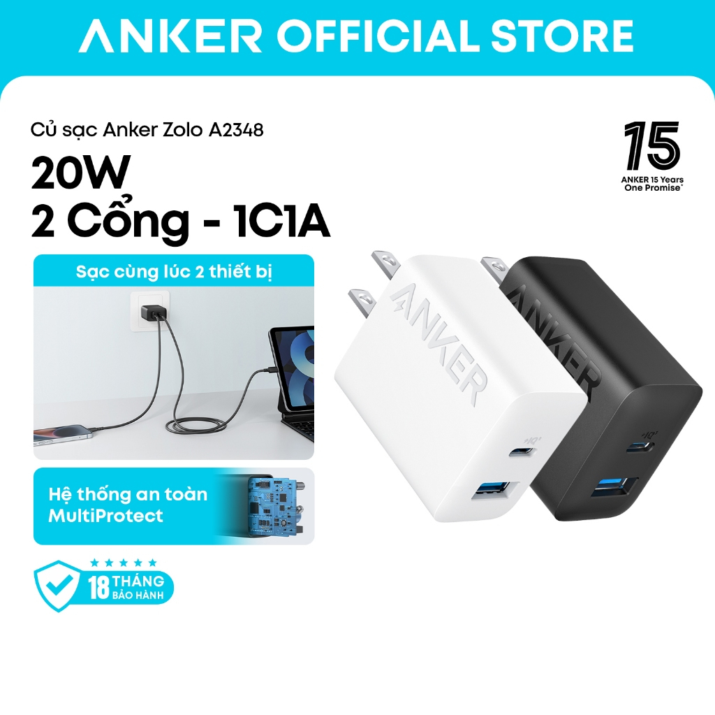 Củ sạc nhanh Anker A2348/B2348 2 cổng 1C1A tối đa 20W, tương thích iPhone/Samsung/Xiaomi