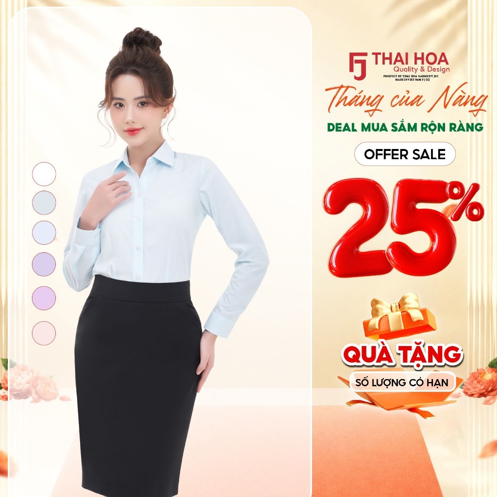 Áo sơ mi nữ công sở dài tay R04 Thái Hòa, chất liệu cotton vải kẻ sọc, nhiều màu sắc