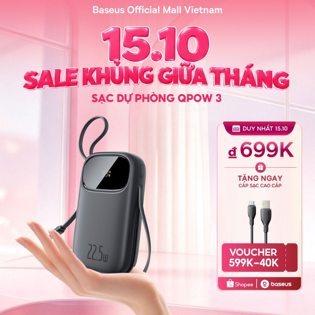 Sạc dự phòng Baseus Qpow3 20000mAh/10000mAh PD22.5W Màn Số LED Cáp Kép Sạc…