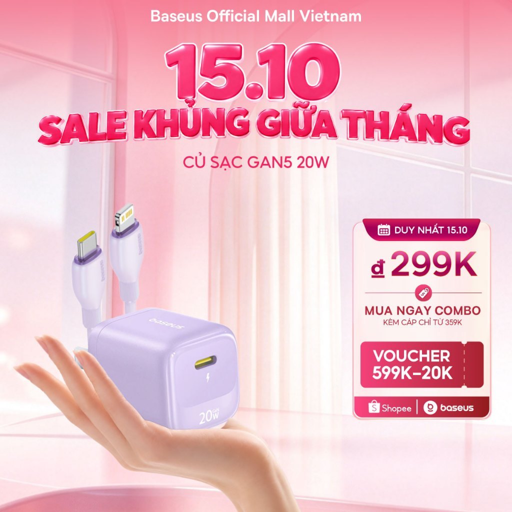 Baseus Củ Sạc Bộ Cáp Nhanh PD 20W GaN 5 Sạc điện cho Không Nóng Máy An Toàn Ổn Định