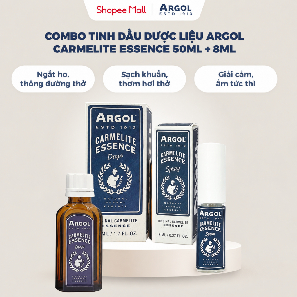 Combo tinh dầu thảo dược Argol Carmelite Essence 50ml + 8ml, tinh dầu thiên nhiên, xông tinh dầu, xị