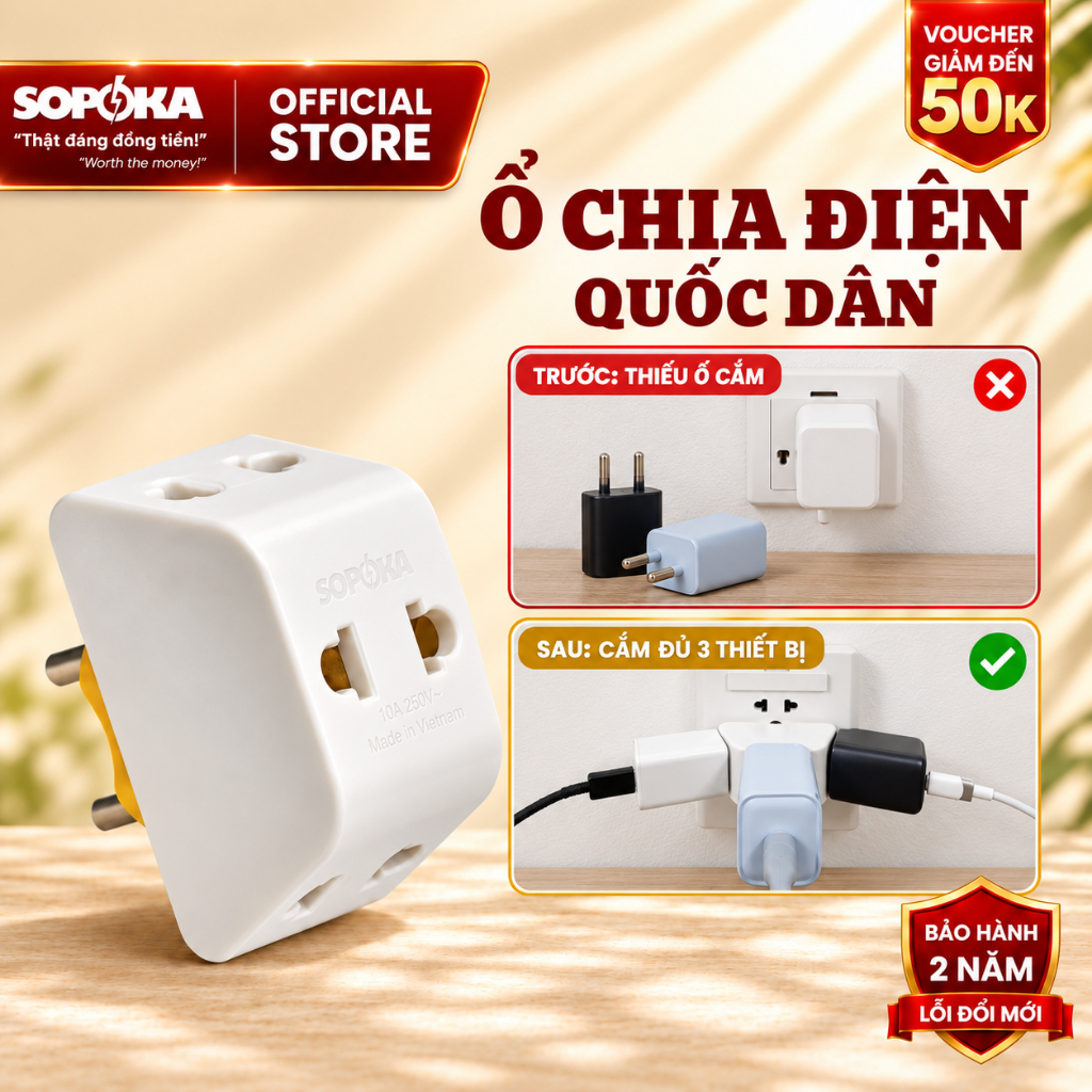 Ổ Cắm Chia Điện 3 Lỗ SOPOKA 2200W, Đầu Chia Điện Đa Năng Cổng Chống Tuột Phích…
