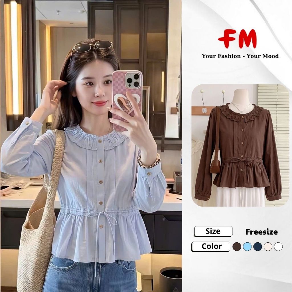 FMSTYLE Áo Kiểu Nữ Tay Dài cổ bèo nút eo rút ren nhiều màu siêu xinh freesize 26100997