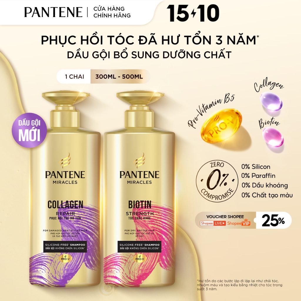Dầu Gội PANTENE MIRACLES Không Silicon & Bổ Sung Dưỡng Chất Cho Tóc Chắc Khỏe/ Phục Hồi Hư Tổn - Chai 300ML/500ML