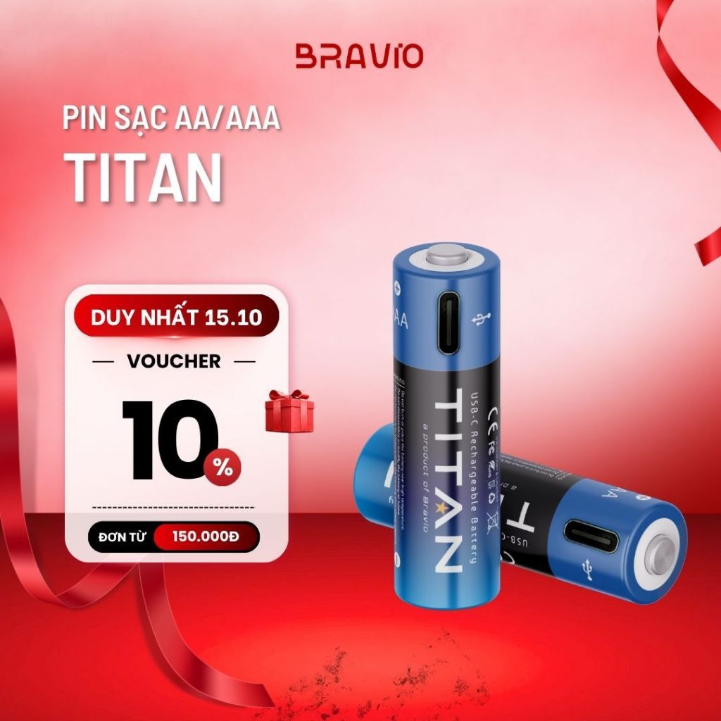 Pin sạc AA AAA 1.5V Bravio Titan type C 3000mWh 750mWh pin tiểu dung lượng cao…