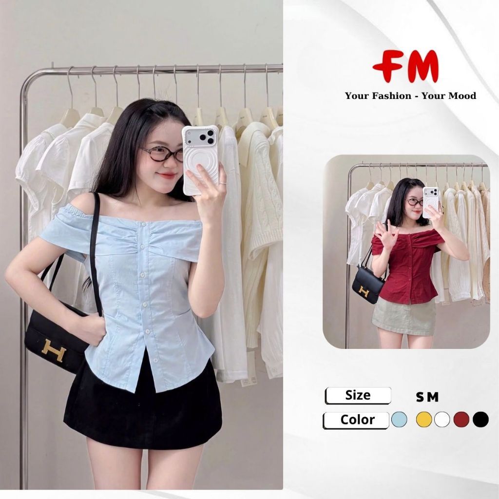 FMSTYLE Áo Kiểu Nữ Tay Ngắn trễ vai phối nút nhỉều màu 2 size S M 26090977