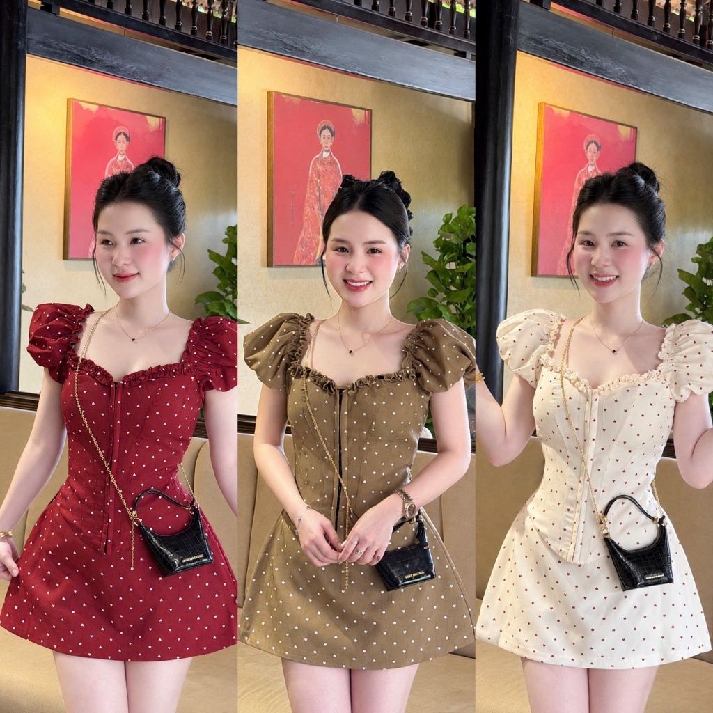 Set váy ngắn - Chân váy chữ A ngắn in bi 3 màu có quần mix áo cổ vuông nhún bèo tay ngắn búp phồng dây kéo - mininafs