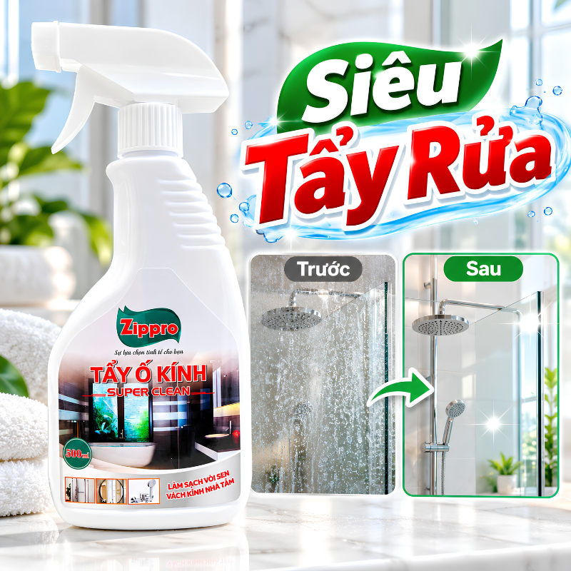 Siêu Tẩy Cặn Canxi ZIPPRO 500ml, Dung Dịch Tẩy Ố Kính Nhà Tắm, Làm Sạch Vách Kính Vòi Sen Inox, Gương Soi