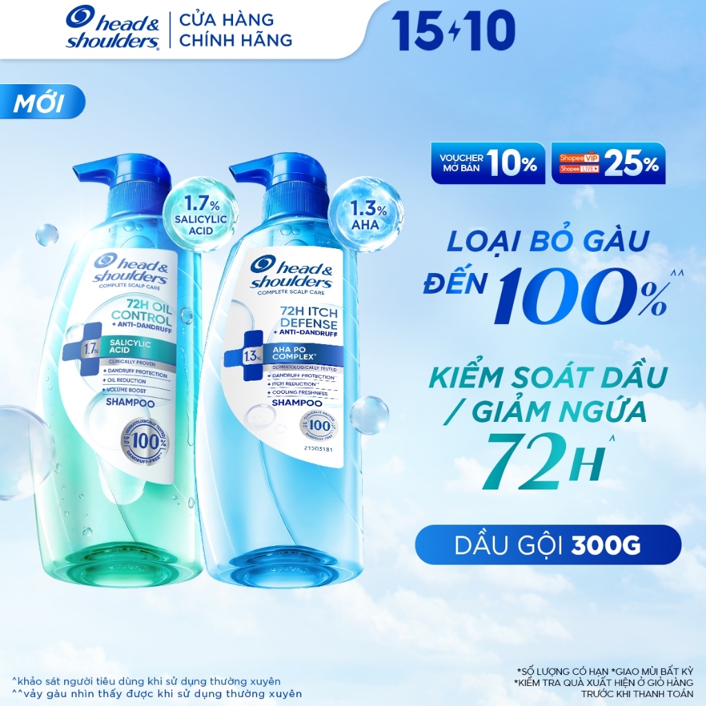 Dầu Gội HEAD & SHOULDERS 72 GIỜ Kiềm Dầu/ Giảm Ngứa Da Đầu Và Làm Sạch Gàu Vượt Trội - Chai 300g