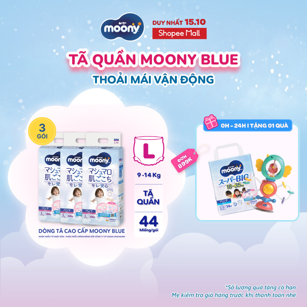 Bộ 3 Tã quần cao cấp Moony Bé Gái/ Bé Trai L44/XL38/XXL26/XXXL14 - Nhập khẩu Nhật Bản