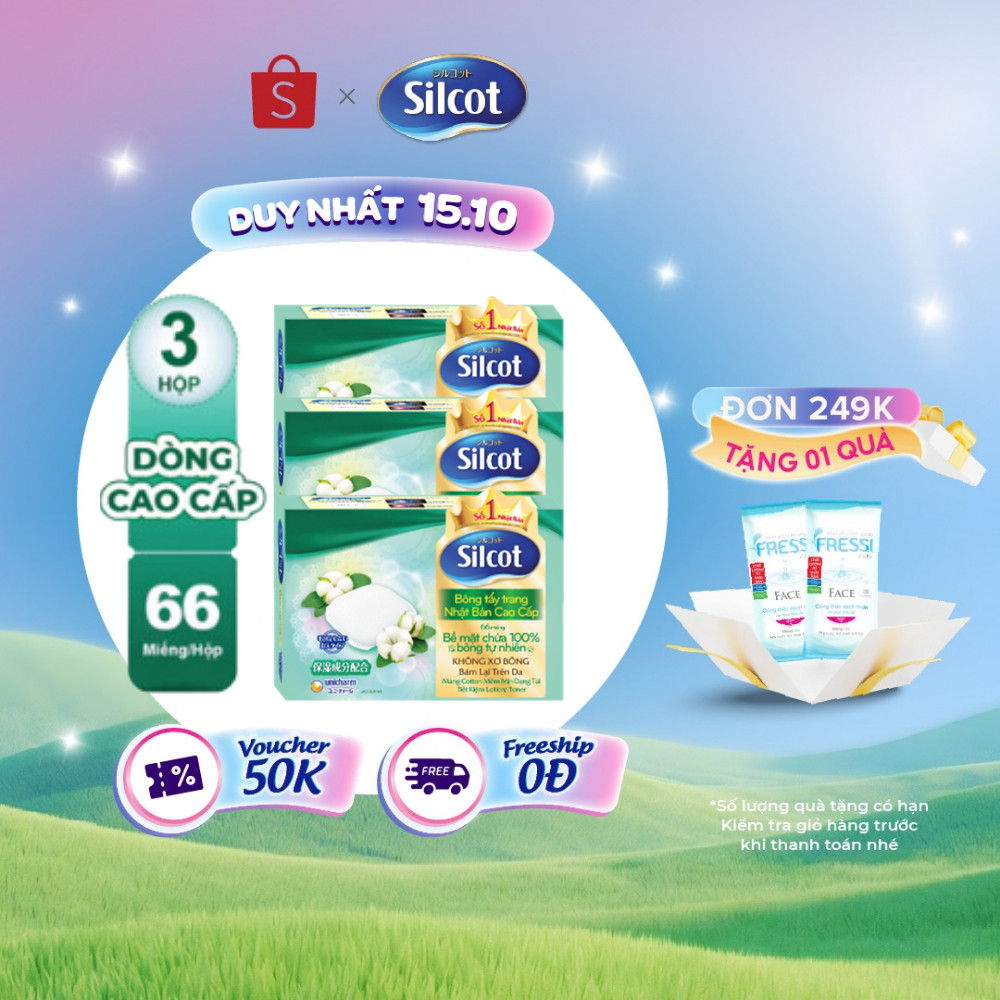 Bộ 3 hộp Bông trang điểm (bông tẩy trang) cao cấp Silcot Premium 66 miếng/hộp