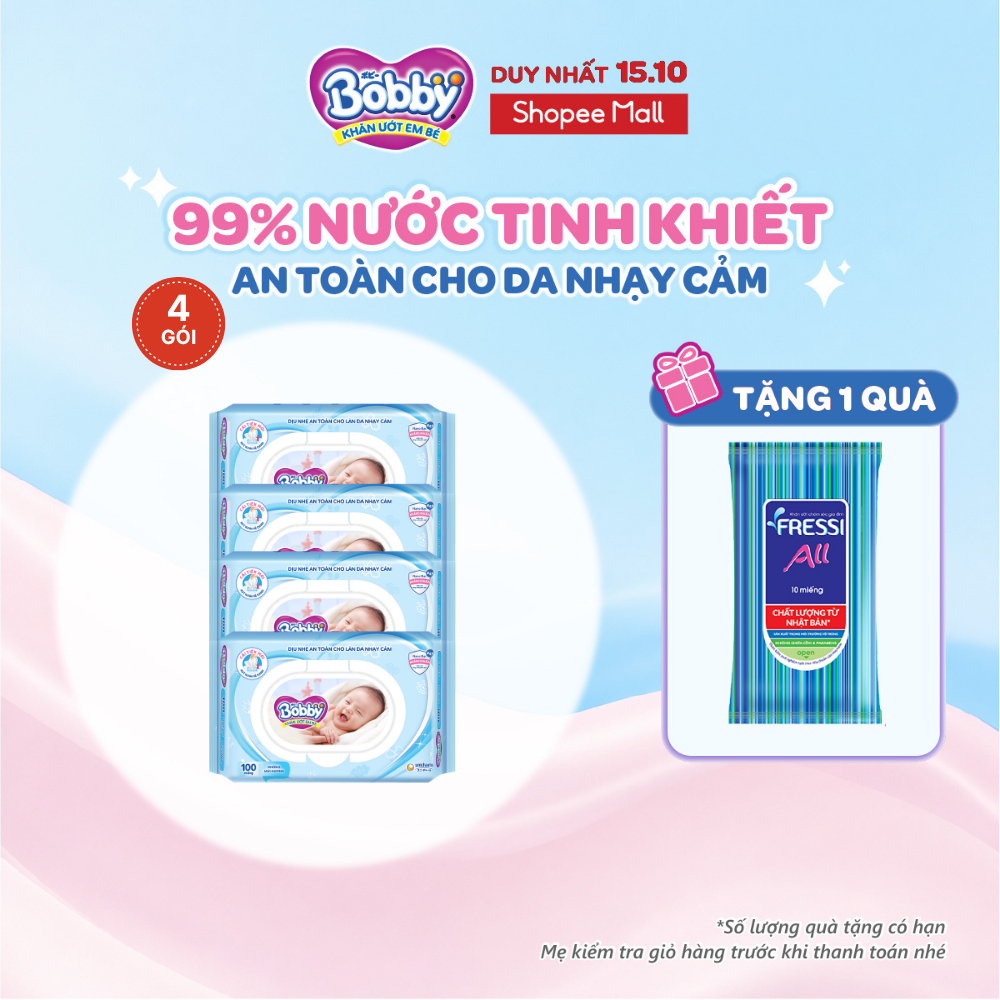 Bộ 4 gói Khăn ướt Bobby không mùi 100 tờ/gói (Xanh)