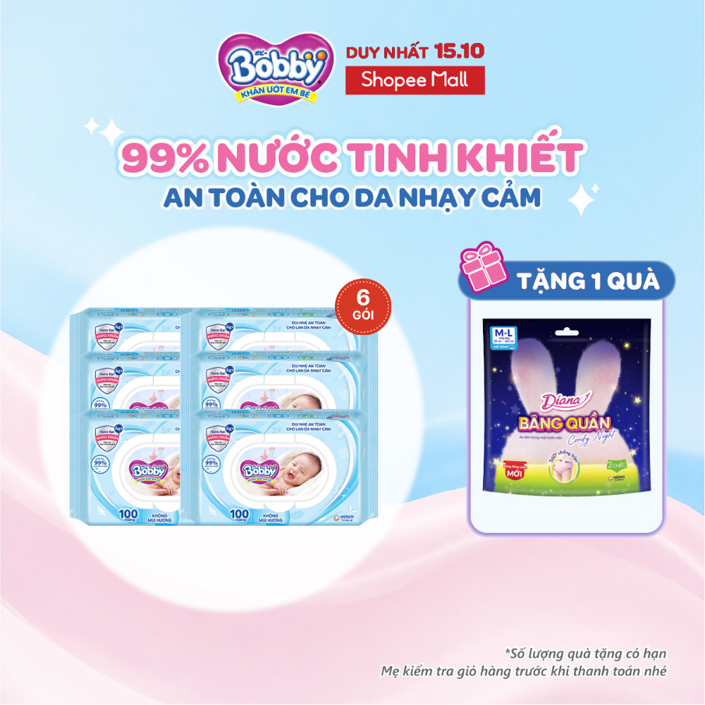 Bộ 6 gói Khăn ướt Bobby không mùi 100 tờ/gói (Xanh)