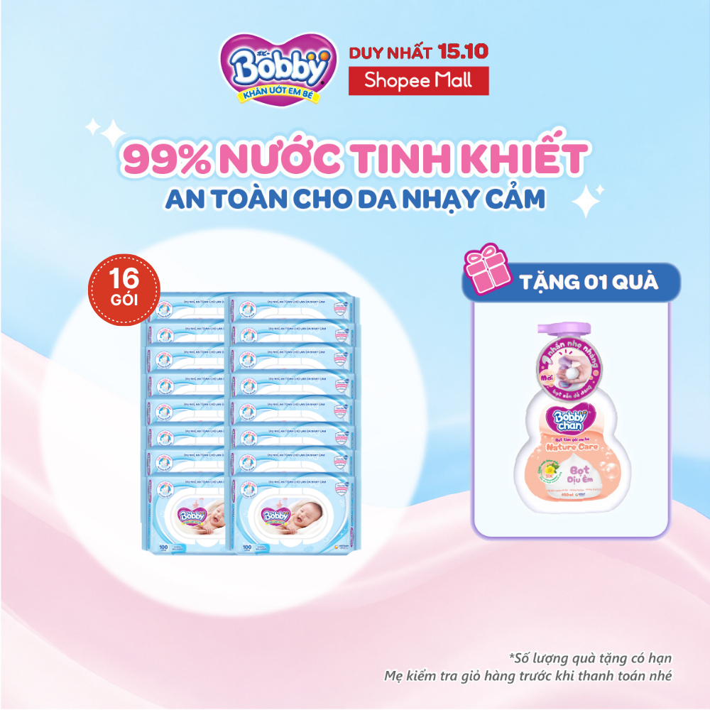 Thùng 16 Gói Khăn ướt Bobby không mùi 100 miếng/gói (Xanh)
