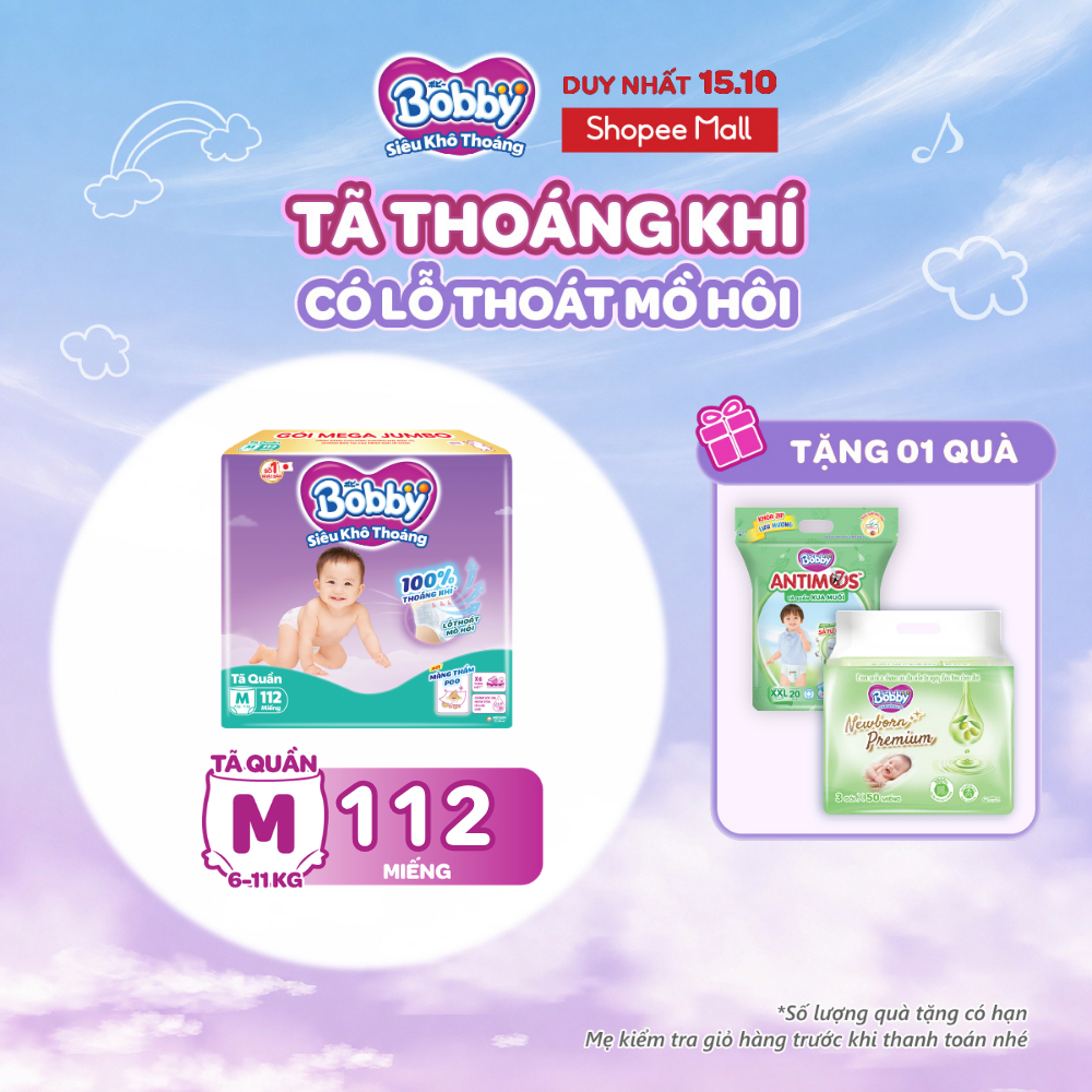 Tã quần Bobby Khô Thoáng - 100% Thoáng Khí Mega Jumbo M112/L96/XL84/XXL76